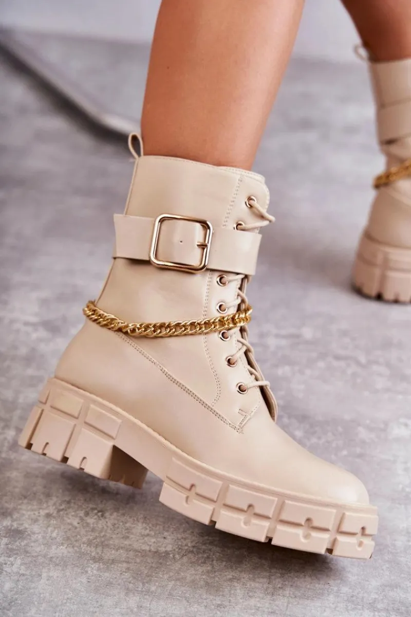 Best Modne Workery Botki Z Łańcuchem Beżowe Solesso Damskie Botki Sznurowane|Czarne Botki