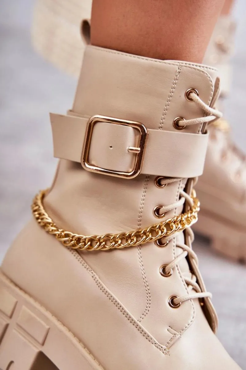 Best Modne Workery Botki Z Łańcuchem Beżowe Solesso Damskie Botki Sznurowane|Czarne Botki