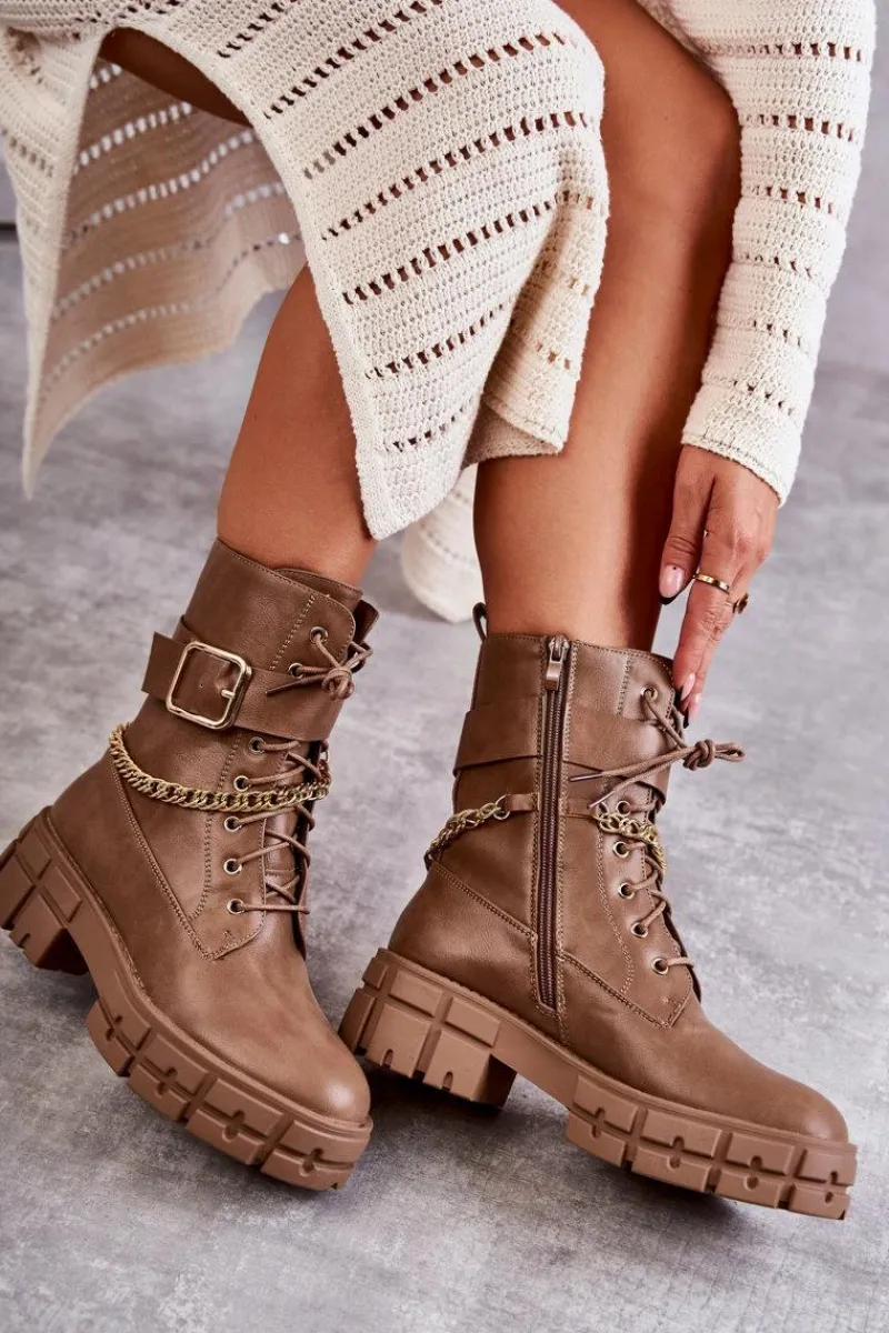 Online Boto Modne Workery Botki Z Łańcuchem Brązowe Solesso