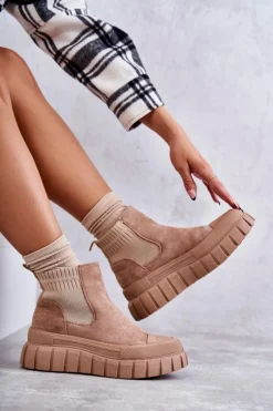 Modne Wsuwane Botki Na Platformie Ciemnobeżowe Jenna Damskie Brązowe I Beżowe Botki|Botki Workery