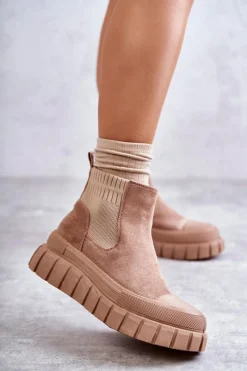 Modne Wsuwane Botki Na Platformie Ciemnobeżowe Jenna Damskie Brązowe I Beżowe Botki|Botki Workery