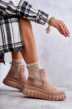 Modne Wsuwane Botki Na Platformie Ciemnobeżowe Jenna Damskie Brązowe I Beżowe Botki|Botki Workery