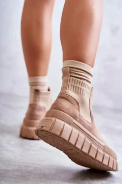 Modne Wsuwane Botki Na Platformie Ciemnobeżowe Jenna Damskie Brązowe I Beżowe Botki|Botki Workery