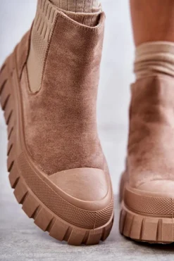 Modne Wsuwane Botki Na Platformie Ciemnobeżowe Jenna Damskie Brązowe I Beżowe Botki|Botki Workery