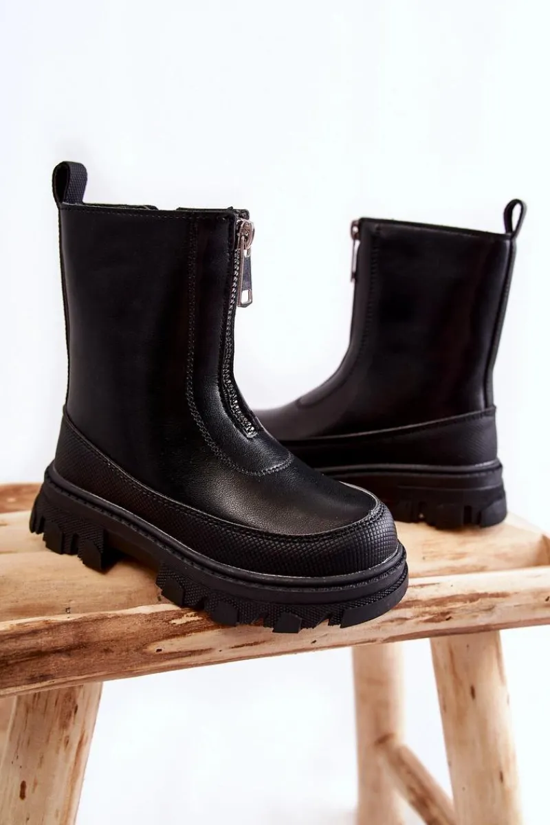 Modne Wysokie Skórzane Botki Na Suwak Czarne Daffy Dzieci Dziewczęce