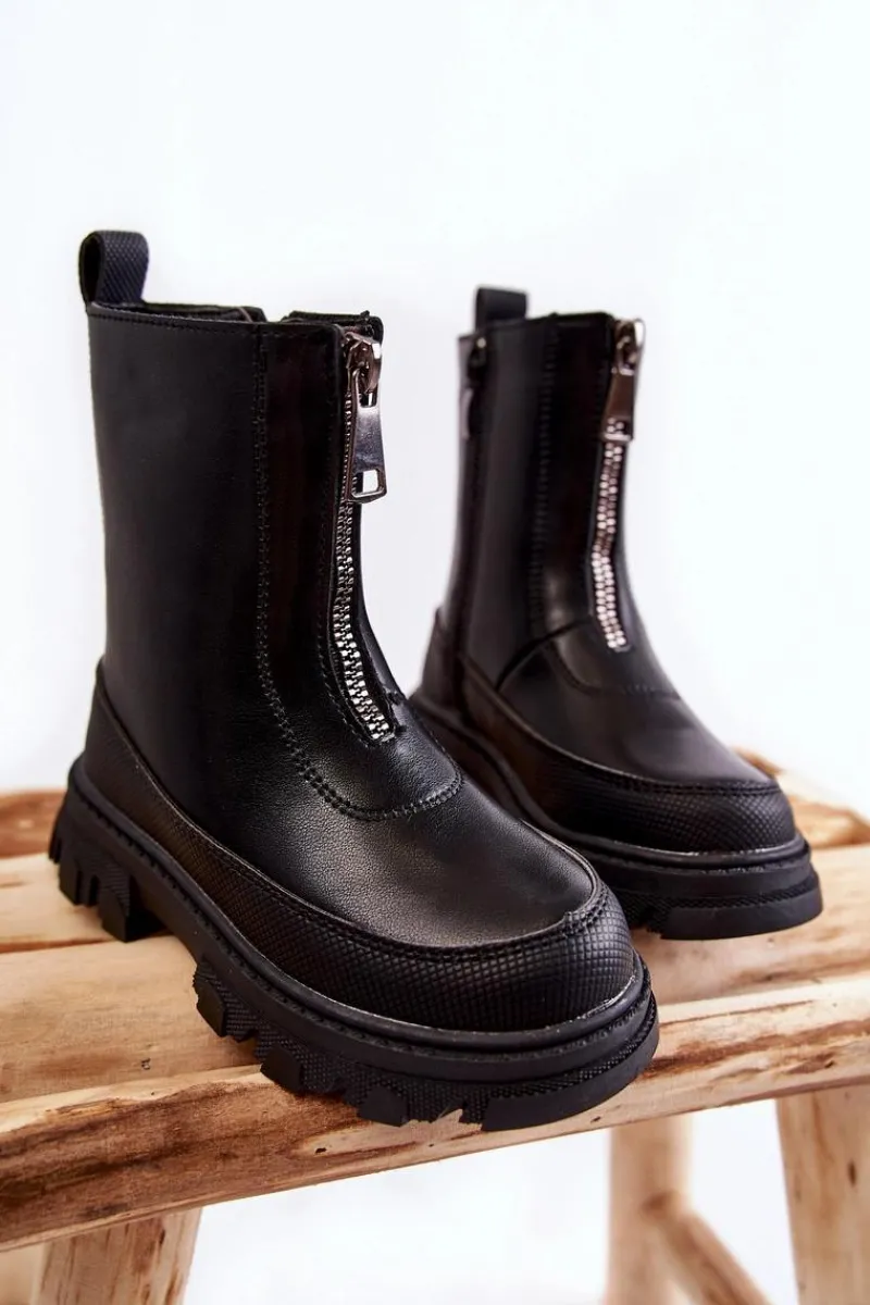 Modne Wysokie Skórzane Botki Na Suwak Czarne Daffy Dzieci Dziewczęce