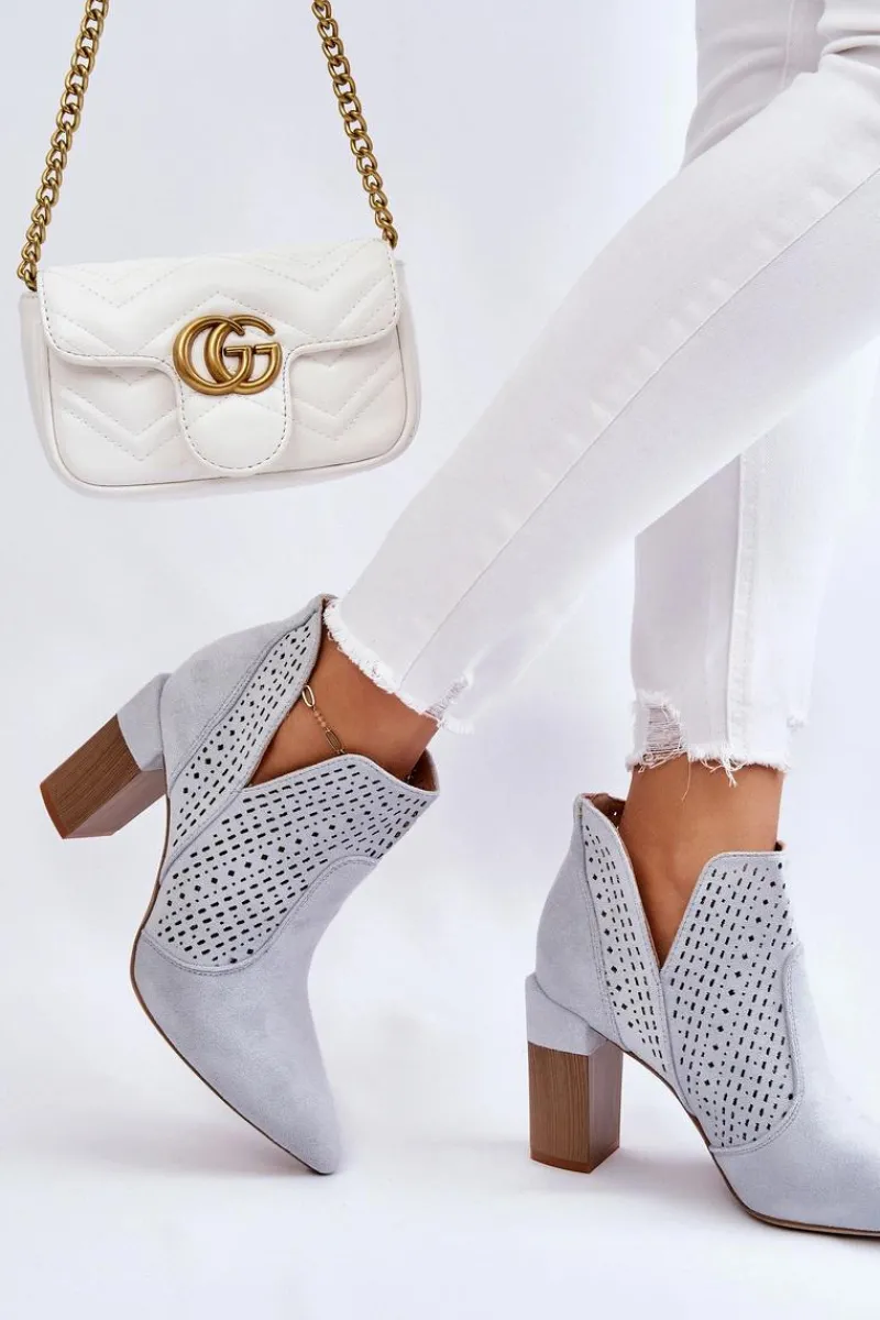 New Boto Modne Zamszowe Ażurowe Botki Na Obcasie Szare Genevi