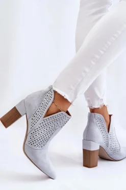 New Boto Modne Zamszowe Ażurowe Botki Na Obcasie Szare Genevi
