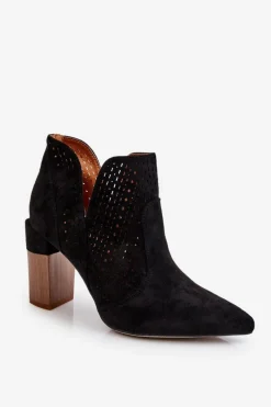 Boto Modne Zamszowe Ażurowe Botki Na Obcasie Czarne Genevi