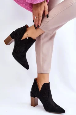 Boto Modne Zamszowe Ażurowe Botki Na Obcasie Czarne Genevi
