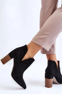 Boto Modne Zamszowe Ażurowe Botki Na Obcasie Czarne Genevi