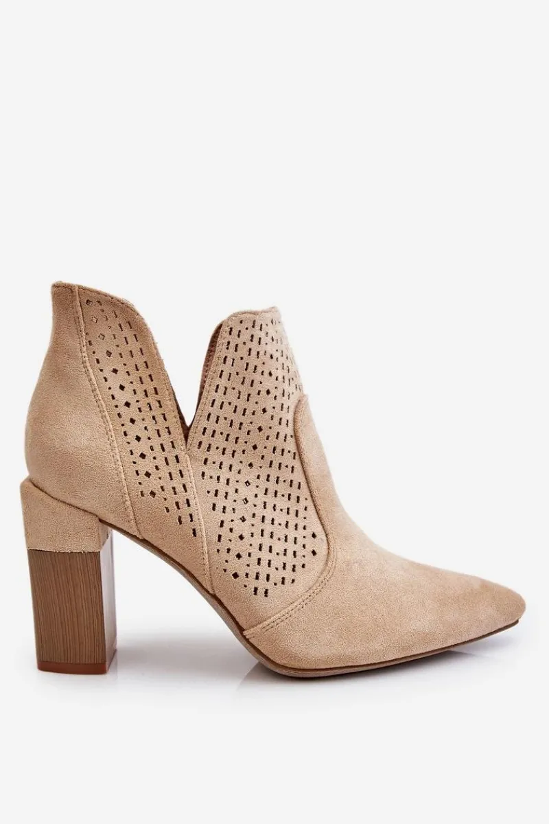 Clearance Modne Zamszowe Ażurowe Botki Na Obcasie Jasnobeżowe Genevi Damskie Botki Wiosenne|Botki Na Słupku
