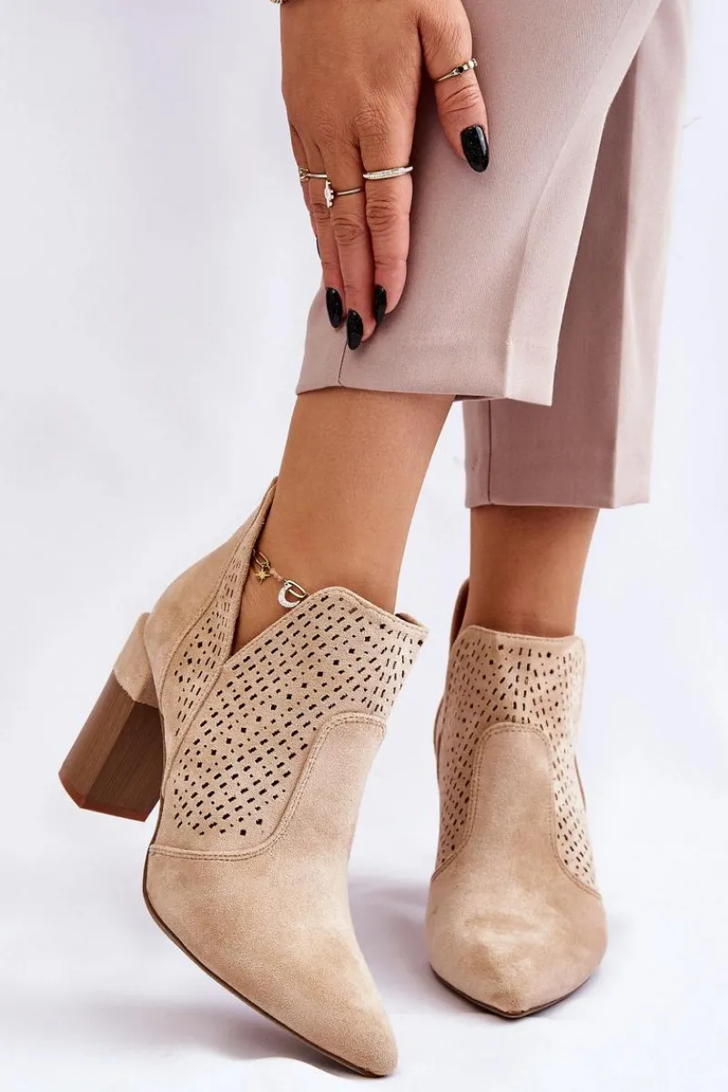 Clearance Modne Zamszowe Ażurowe Botki Na Obcasie Jasnobeżowe Genevi Damskie Botki Wiosenne|Botki Na Słupku