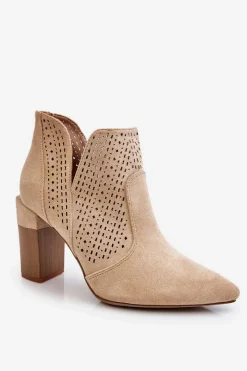 Clearance Modne Zamszowe Ażurowe Botki Na Obcasie Jasnobeżowe Genevi Damskie Botki Wiosenne|Botki Na Słupku