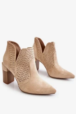 Clearance Modne Zamszowe Ażurowe Botki Na Obcasie Jasnobeżowe Genevi Damskie Botki Wiosenne|Botki Na Słupku