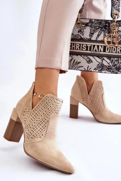 Clearance Modne Zamszowe Ażurowe Botki Na Obcasie Jasnobeżowe Genevi Damskie Botki Wiosenne|Botki Na Słupku
