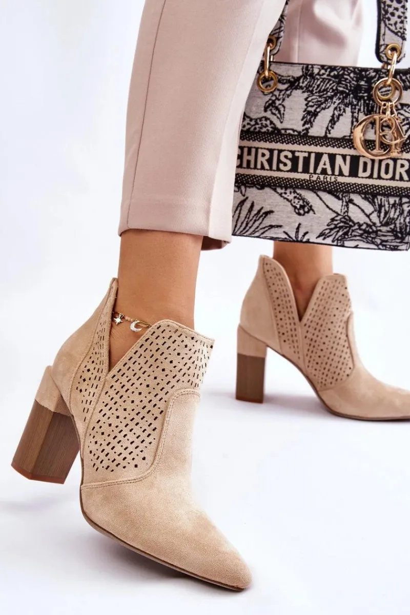 Clearance Modne Zamszowe Ażurowe Botki Na Obcasie Jasnobeżowe Genevi Damskie Botki Wiosenne|Botki Na Słupku