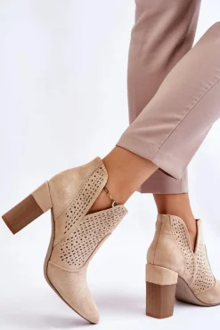 Clearance Modne Zamszowe Ażurowe Botki Na Obcasie Jasnobeżowe Genevi Damskie Botki Wiosenne|Botki Na Słupku