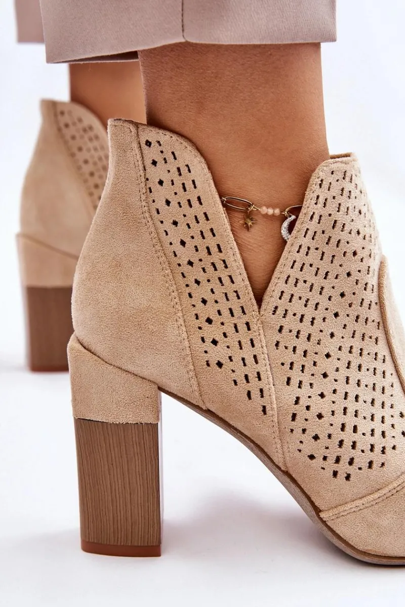 Clearance Modne Zamszowe Ażurowe Botki Na Obcasie Jasnobeżowe Genevi Damskie Botki Wiosenne|Botki Na Słupku