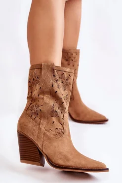 Hot Modne Zamszowe Botki Kowbojki W Kwiaty Camel Coralie Damskie Botki Wiosenne|Botki Na Słupku