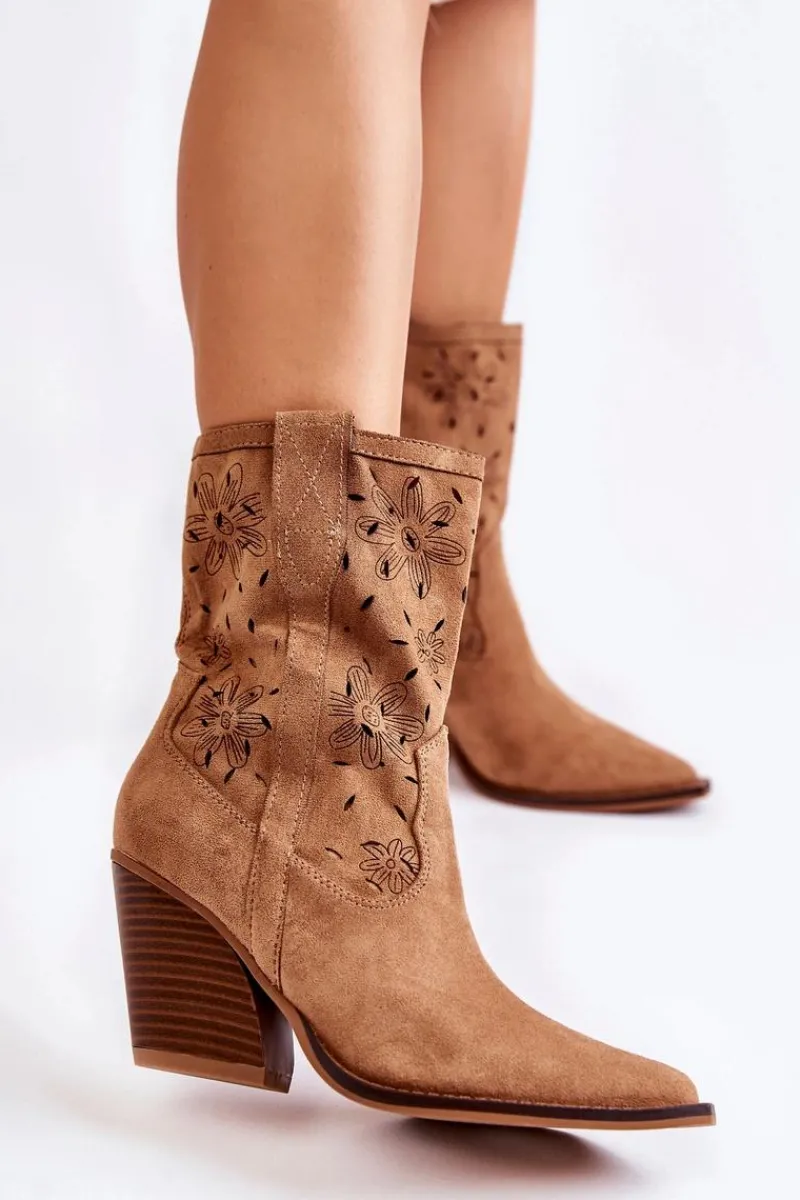 Hot Modne Zamszowe Botki Kowbojki W Kwiaty Camel Coralie Damskie Botki Wiosenne|Botki Na Słupku