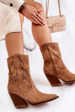 Hot Modne Zamszowe Botki Kowbojki W Kwiaty Camel Coralie Damskie Botki Wiosenne|Botki Na Słupku