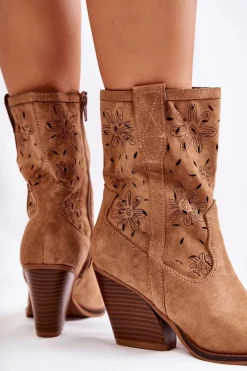Hot Modne Zamszowe Botki Kowbojki W Kwiaty Camel Coralie Damskie Botki Wiosenne|Botki Na Słupku
