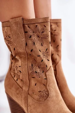 Hot Modne Zamszowe Botki Kowbojki W Kwiaty Camel Coralie Damskie Botki Wiosenne|Botki Na Słupku