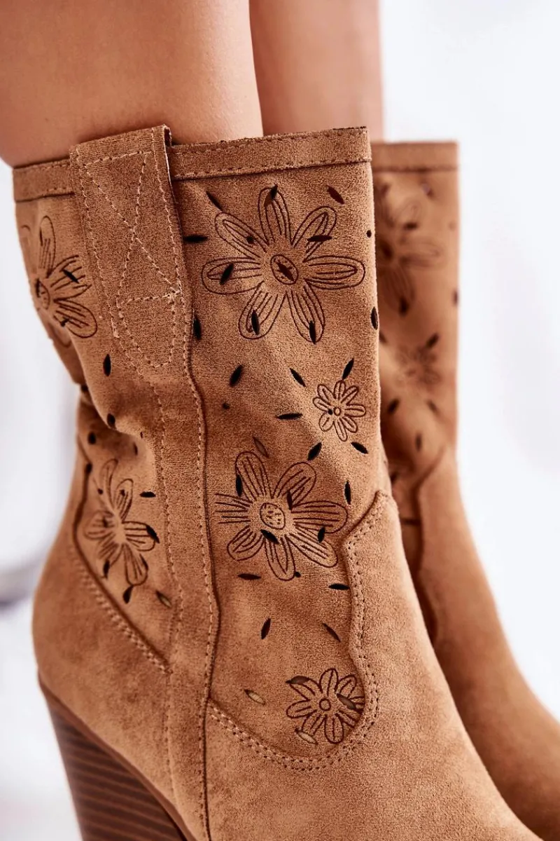 Hot Modne Zamszowe Botki Kowbojki W Kwiaty Camel Coralie Damskie Botki Wiosenne|Botki Na Słupku
