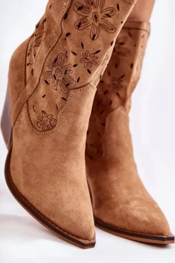 Hot Modne Zamszowe Botki Kowbojki W Kwiaty Camel Coralie Damskie Botki Wiosenne|Botki Na Słupku