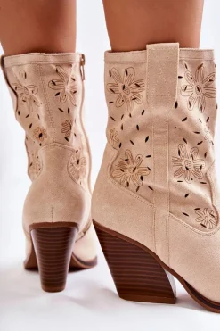 Outlet Modne Zamszowe Botki Kowbojki W Kwiaty Beżowe Coralie Damskie Botki Wiosenne|Botki Na Słupku