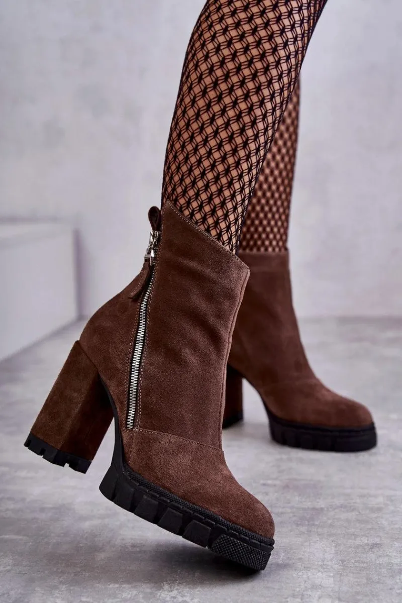 Best Laura Messi Modne Zamszowe Botki Na Obcasie 2509 Brązowe