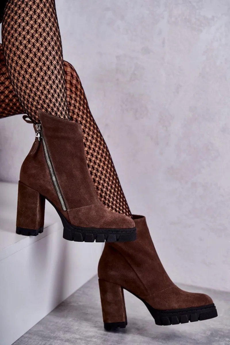 Best Laura Messi Modne Zamszowe Botki Na Obcasie 2509 Brązowe