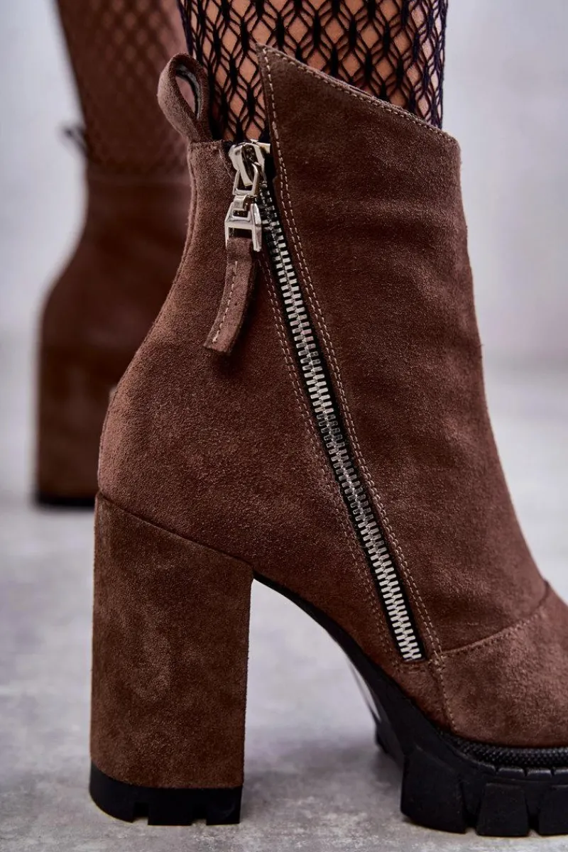 Best Laura Messi Modne Zamszowe Botki Na Obcasie 2509 Brązowe