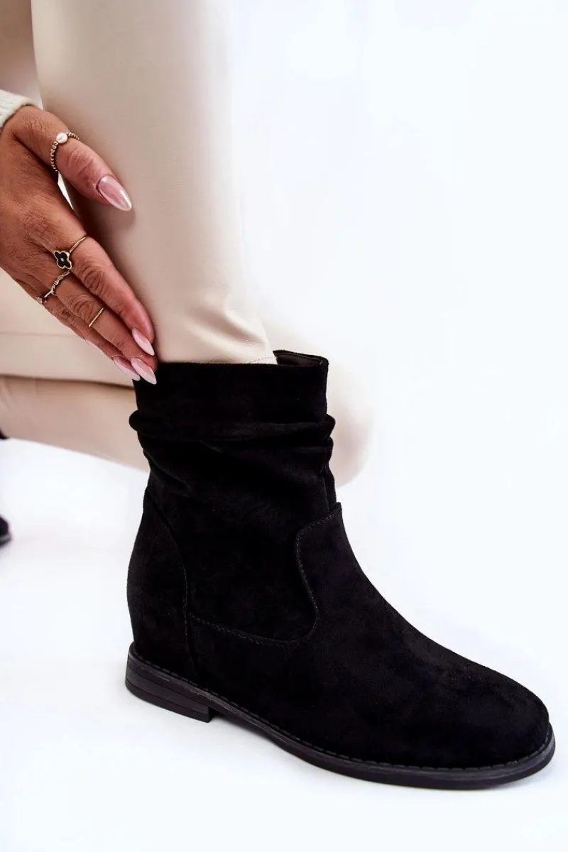 Botki Wiosenne|Botki Na Koturnie>Damskie buty S.Barski Modne Zamszowe Botki Na Ukrytym Koturnie Czarne Finney