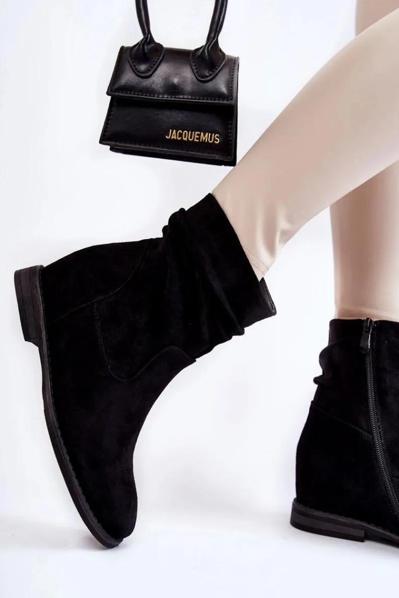 Botki Wiosenne|Botki Na Koturnie>Damskie buty S.Barski Modne Zamszowe Botki Na Ukrytym Koturnie Czarne Finney