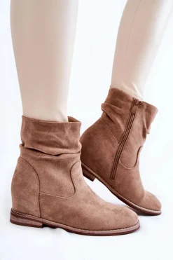 Botki Wiosenne|Botki Na Koturnie>Damskie buty S.Barski Modne Zamszowe Botki Na Ukrytym Koturnie Beżowe Finney Beżowy