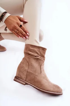 Botki Wiosenne|Botki Na Koturnie>Damskie buty S.Barski Modne Zamszowe Botki Na Ukrytym Koturnie Beżowe Finney Beżowy