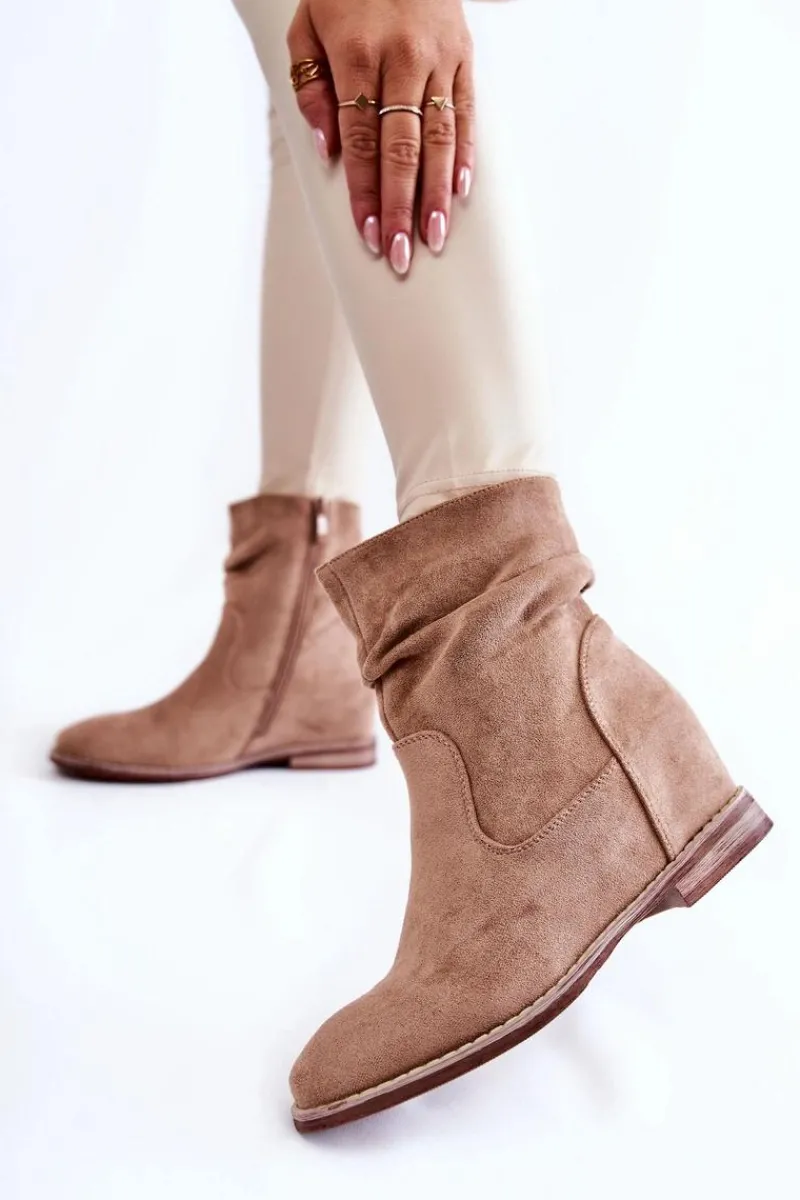 Botki Wiosenne|Botki Na Koturnie>Damskie buty S.Barski Modne Zamszowe Botki Na Ukrytym Koturnie Beżowe Finney Beżowy