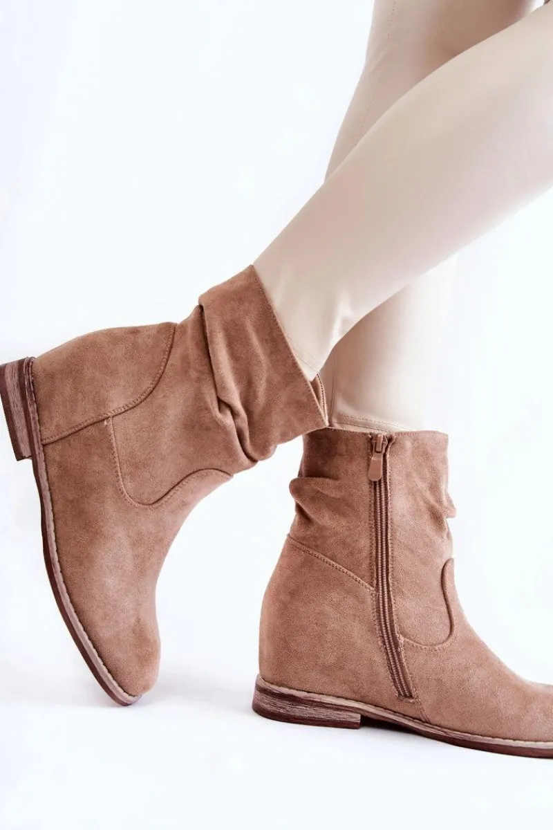 Botki Wiosenne|Botki Na Koturnie>Damskie buty S.Barski Modne Zamszowe Botki Na Ukrytym Koturnie Beżowe Finney Beżowy