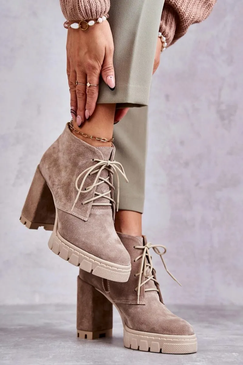 Online Modne Zamszowe Botki Sznurowane Beżowe Selma Damskie Damskie Trapery|Botki Skórzane