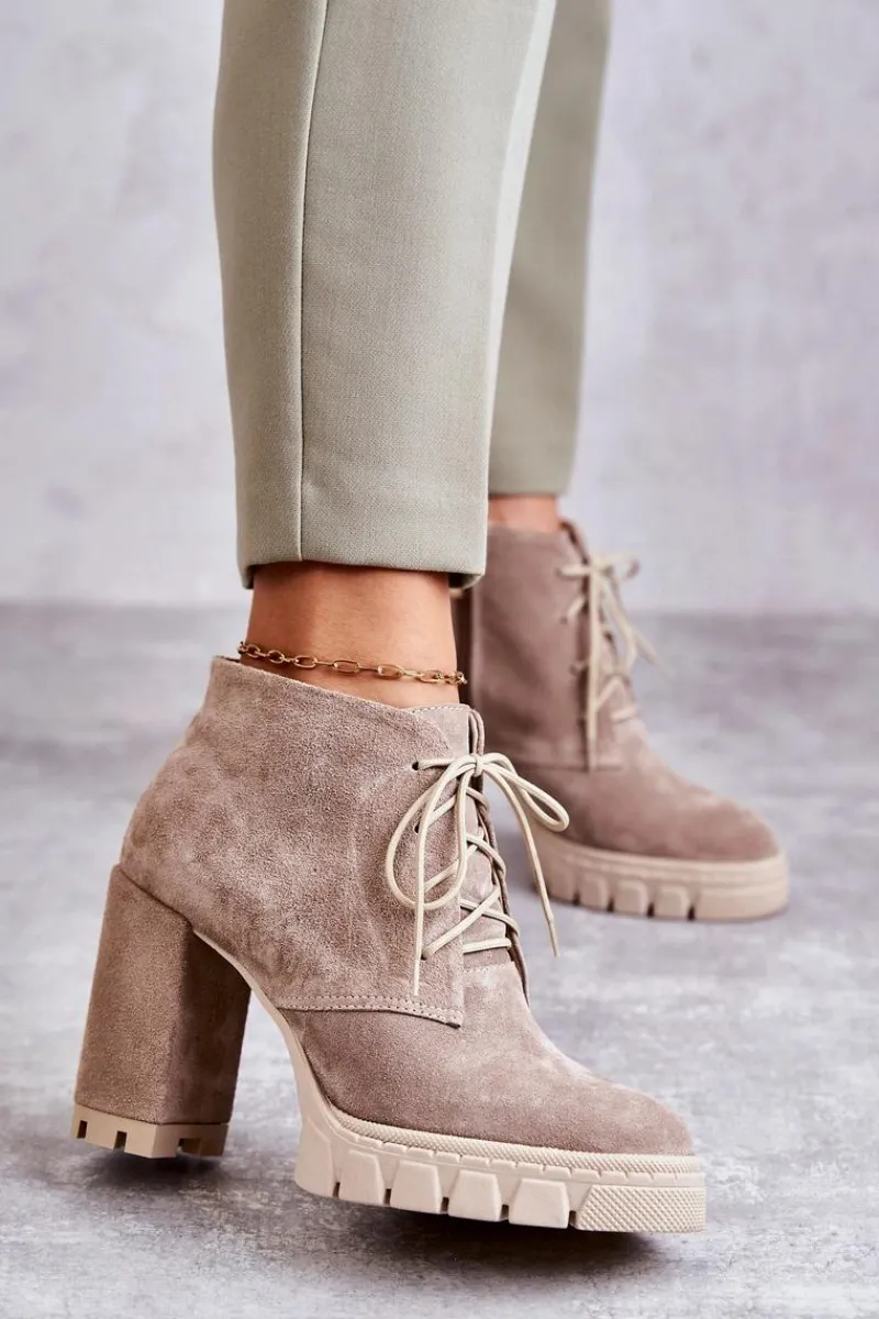 Online Modne Zamszowe Botki Sznurowane Beżowe Selma Damskie Damskie Trapery|Botki Skórzane