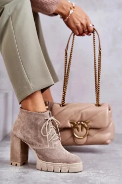 Online Modne Zamszowe Botki Sznurowane Beżowe Selma Damskie Damskie Trapery|Botki Skórzane