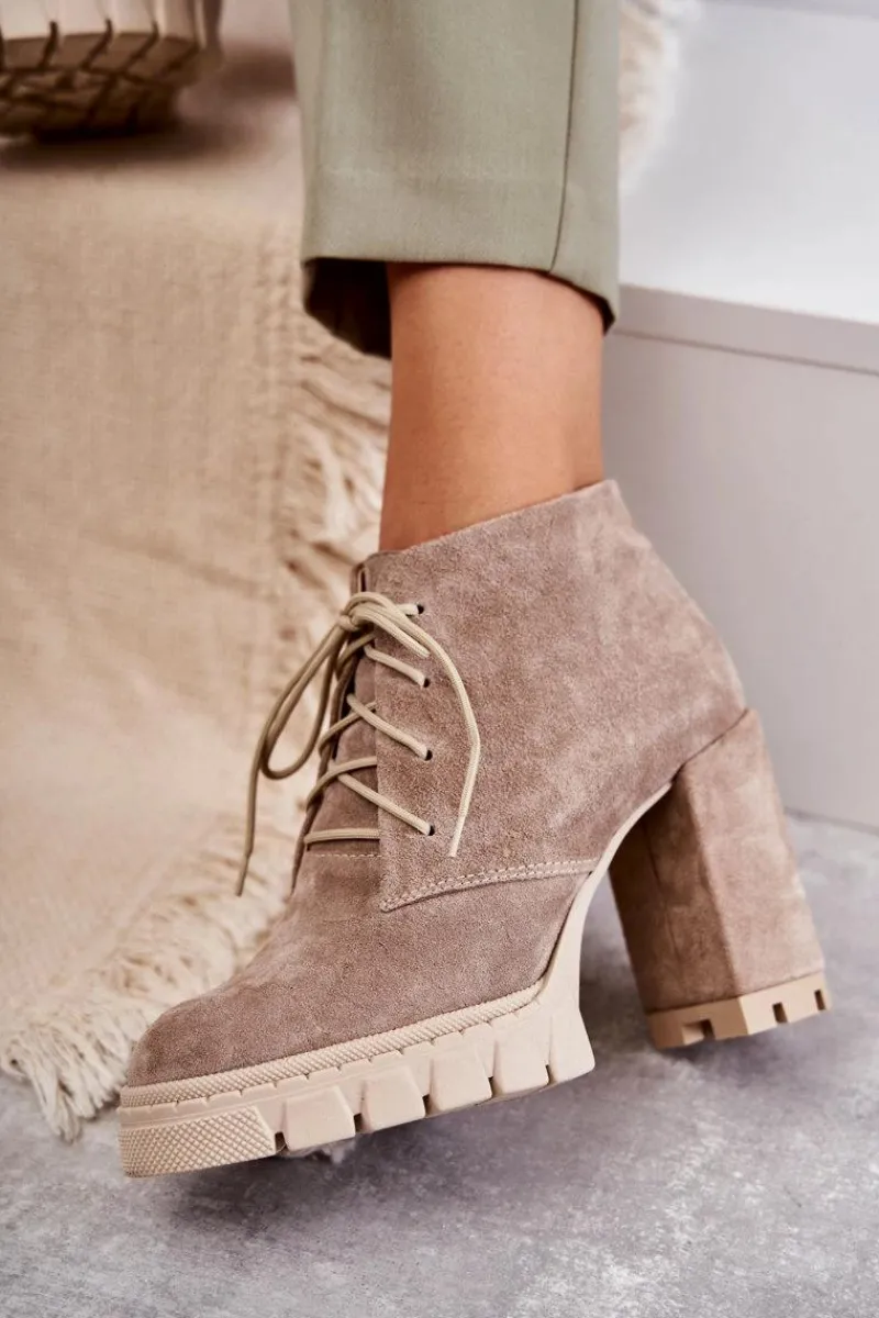 Online Modne Zamszowe Botki Sznurowane Beżowe Selma Damskie Damskie Trapery|Botki Skórzane