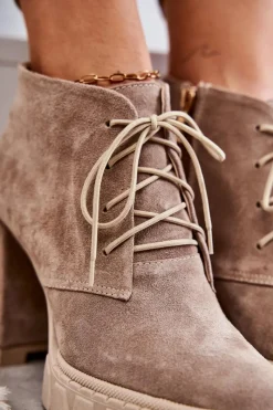 Online Modne Zamszowe Botki Sznurowane Beżowe Selma Damskie Damskie Trapery|Botki Skórzane