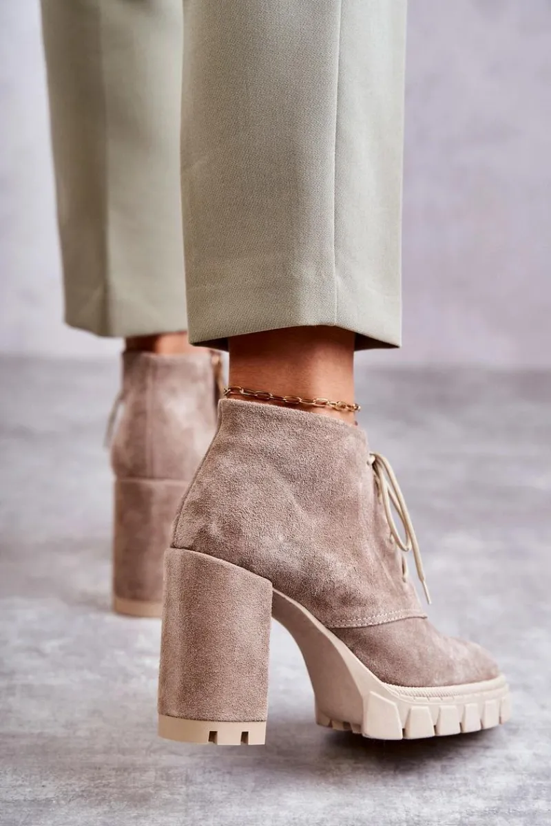 Online Modne Zamszowe Botki Sznurowane Beżowe Selma Damskie Damskie Trapery|Botki Skórzane