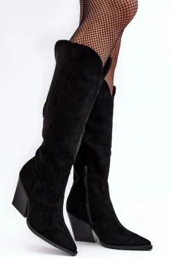 Clearance Boto Modne Zamszowe Kozaki Kowbojki Czarne Delia Czarny