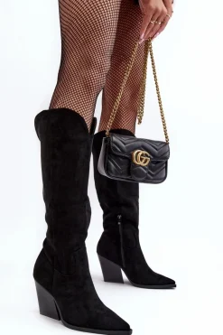 Clearance Boto Modne Zamszowe Kozaki Kowbojki Czarne Delia Czarny