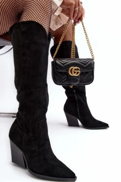 Clearance Boto Modne Zamszowe Kozaki Kowbojki Czarne Delia Czarny