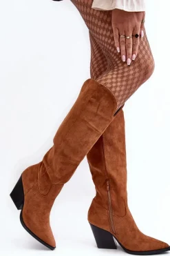 Online Modne Zamszowe Kozaki Kowbojki Camel Delia Damskie Kozaki Wiosenne|Kozaki Przed Kolano